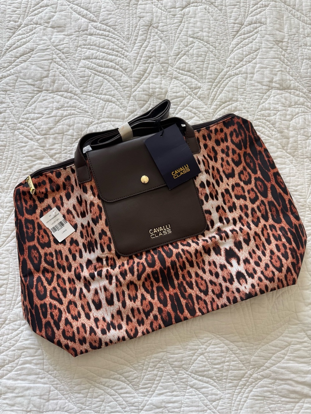 Cavalli Class Large Leopard-Print Tote with Dark Brown Faux Leather Pocket